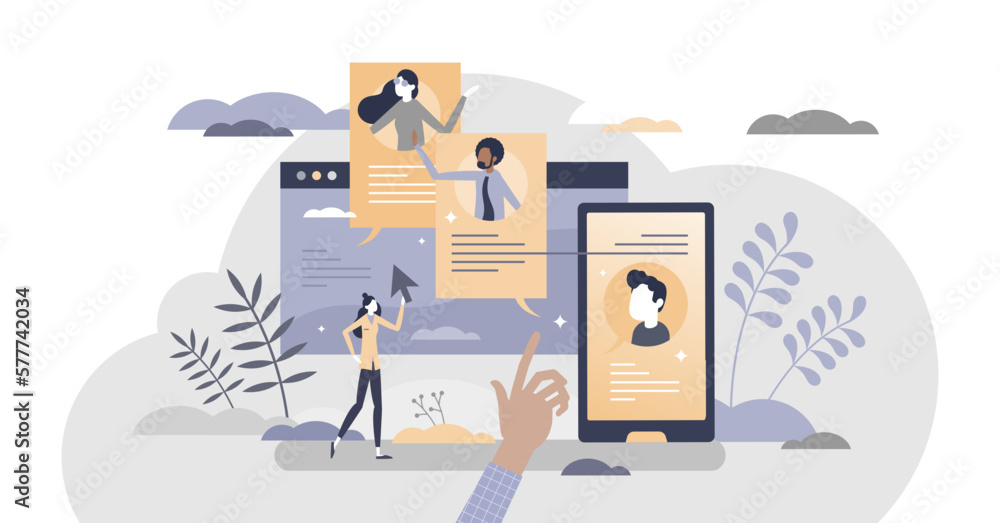 Poster virtual teams as distance talking or chatting method tiny person concept, transparent background. wo