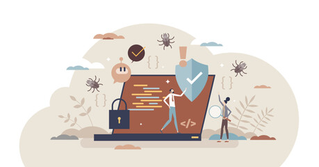 Testing software for functionality, bugs and errors tiny persons concept, transparent background. Analyzing application or webpage security with data code research and evaluation illustration.
