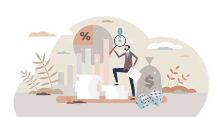 Actuary work to measure and predict risk or uncertainty tiny person concept, transparent background. Financial assessment service to evaluate risks and dangers illustration.