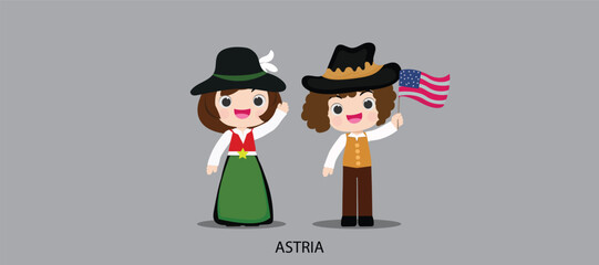 national dress with a flag. Man and woman in traditional costume. Travel to Astria. People. Vector flat illustration.