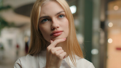 Caucasian pensive businesswoman thinking in office thoughtful 25s woman girl female search solution...