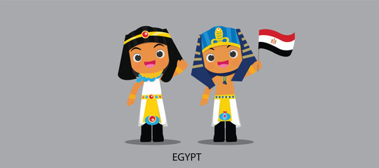 national dress with a flag. Man and woman in traditional costume. Travel to Egypt. People. Vector flat illustration.