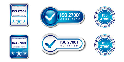 ISO 27001 Certified Label Stamp. Information security management system Sign. With check, and star icon. On gradient blue and white color. Premium and luxury emblem vector template