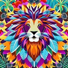 Fototapeta na wymiar Portrait of a beautiful Lion surrounded by flowers, garlands of lights and native plants, colors teal. colorful picture of a portrait of an lion in close-up.