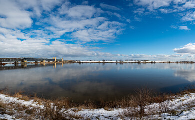 Obraz premium Tczew, historical bridge on Wisla river in Pomeranian Voivodeship, Poland at winter