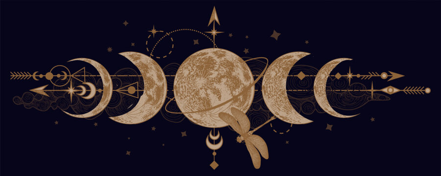 Vector illustration of mystical moon phases and dragonfly