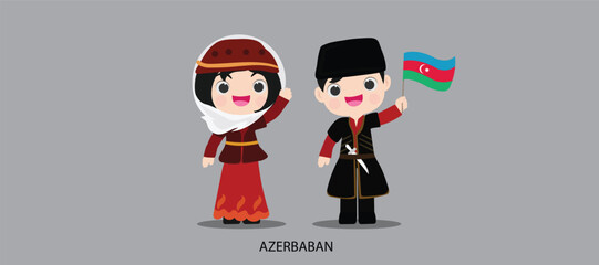 national dress with a flag. Man and woman in traditional costume. Travel to Tunisia. People. Vector flat illustration.