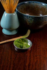 Preparation of green Matcha tea from finely ground powder of specially grown and processed green tea leaves consumed in East Asia.