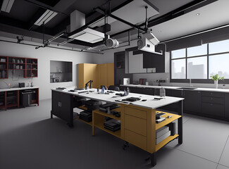 The atmosphere in the research laboratory in the morning. There are various laboratory apparatus for research work in it. Sunlight enters the laboratory through the window.