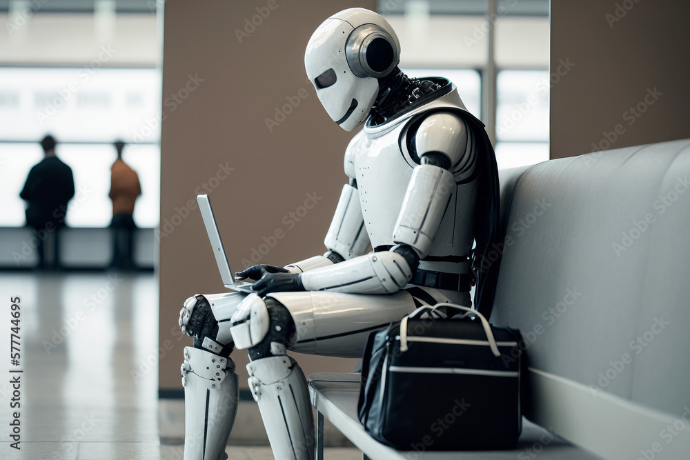Poster a robot waiting in a modern office for a job interview. ai artificial intelligence technology at wor