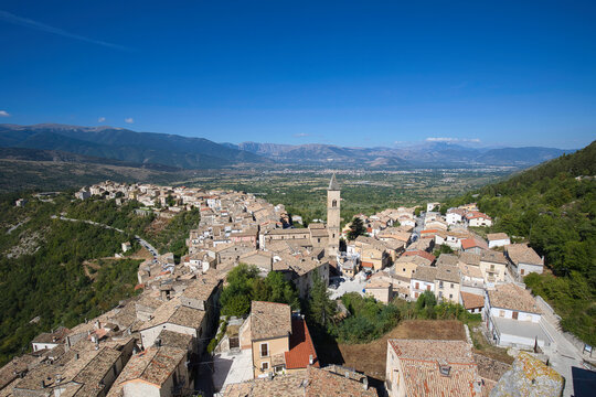 View from a tower of the castle Cantelmo-Caldora down to Pacentro in the province of L'Aquila in Italy.