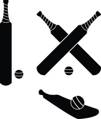 Cricket bat silhouette vector illustrations. Cricket bat and ball by themselves, crossed and laid flat.