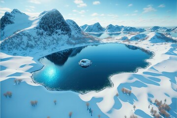 Amazing winter landscape of mountains covered with snow and ice, aerial view. AI