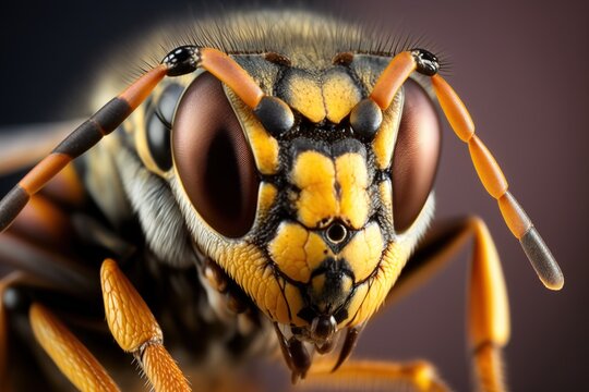 Wasp closeup, with great depth of field and many details of insects on an isolated background. AI