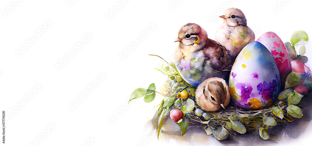 Wall mural watercolor painting banner with copy space of easter holiday as nest with three chicks and pained eg