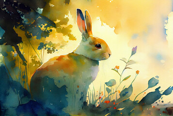 Watercolor painting of wild rabbit in forest as illustration of Easter bunny generative AI art	
