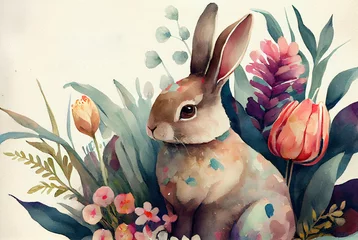 Foto op Aluminium Watercolor painting of rabbit on card with copy space as illustration of Easter bunny hiding in eucalyptus and garden flowers generative AI art   © S E P A R I S A