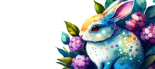 Watercolor painting of rabbit banner with copy space as illustration of Easter bunny hiding in hydrangea flowers generative AI art