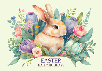 Watercolor painting of vintage Easter card design as illustration of Easter bunny in flowers and tulips with text Happy Holidays as rabbit generative AI art	
