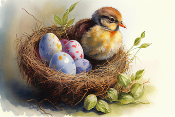 Watercolor painting of Easter holiday theme as nest with hops, baby chick and pained eggs generative AI art	
