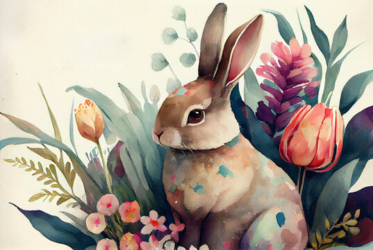 Watercolor painting of rabbit on card with copy space as illustration of Easter bunny hiding in eucalyptus and garden flowers generative AI art	
