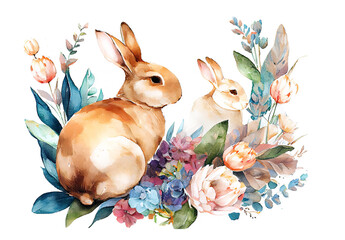 Watercolor painting of floral vignette with two rabbits as illustration of Easter bunnies sitting in flowers generative AI art