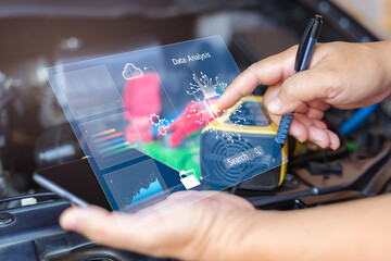 Ai and technology Analyze data concept , Man point on screen with management in car service Analyze problems and collect customer data to improve systems and provide modern maintenance services