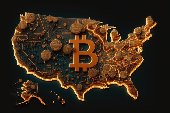 Bitcoin symbol on a dark map of USA, America, generative AI