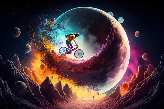 Delivery guy on bicycle on the moon, Moon rider, Half-pipe, colourful, generative aI,