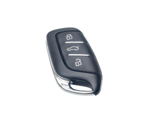 Digital car key control remote with unlockable and lockable buttons isolated on white background with clipping path in png file format