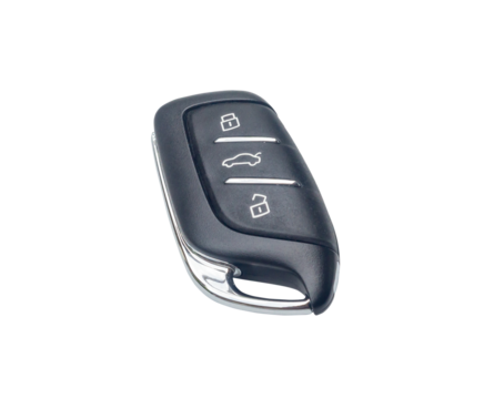 Digital car key control remote with unlockable and lockable buttons isolated on white background with clipping path in png file format