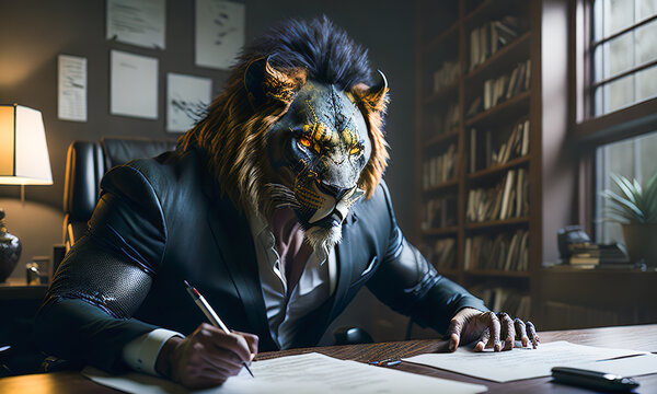 Angry boss lion in a business suit at his workplace at the office, generative ai