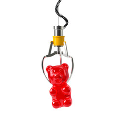 Yellow robotic metal claw hold red Gummy Bear. Isolated on a white background. 3d rendering