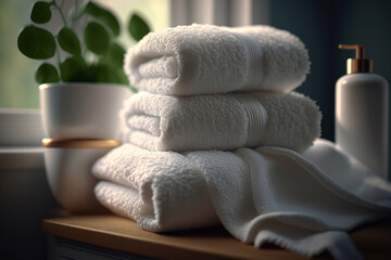 Fototapeta na wymiar Stack of clean white towels in the bathroom. Generative AI