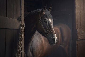 Bay harnessed horse standing in the stall. Generative AI