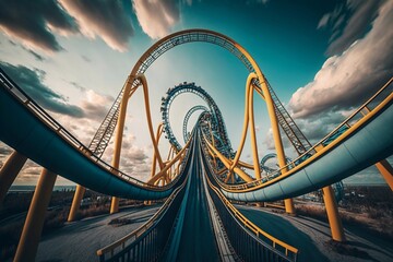 A Colorful Looping Roller Coaster On A Beautiful Sunny Day. Generative AI - obrazy, fototapety, plakaty