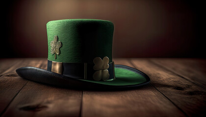 St. Patricks day concept. Green hat studio shot with dark background and copy space. Generative AI.