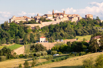 Fototapeta na wymiar Corinaldo, Ancona. Veduta del borgo murato nel contesto rurale di bosco e campi di grano.