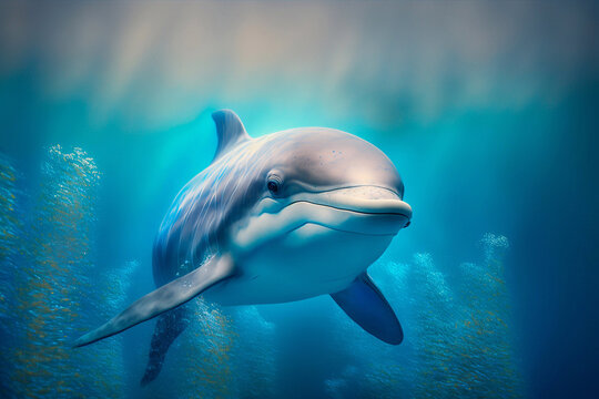 Cute dolphin in blue ocean waters. Generative AI