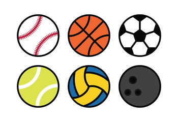 set all sport ball, basketball, baseball, bowling ball, soccer ball, tennis ball and volleyball icon.