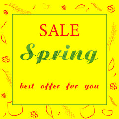 Spring sale banner vector template with grass texture and doodle designs on vibrant yellow background