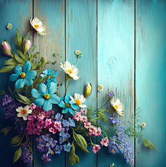 spring flowers on wood background ,generative ai
