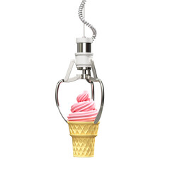 White robotic metal claw hold pink ice cream. Isolated on a white background. Minimal summer concept. 3d rendering