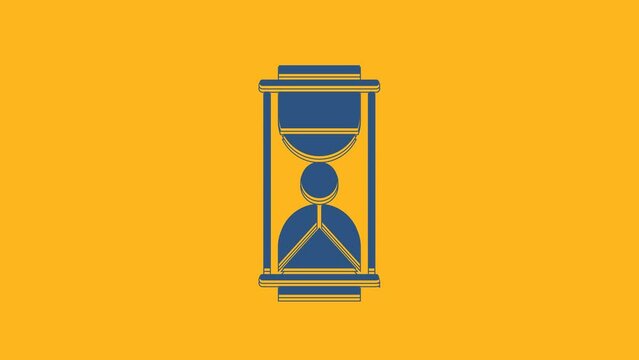 Blue Old hourglass with flowing sand icon isolated on orange background. Sand clock sign. Business and time management concept. 4K Video motion graphic animation