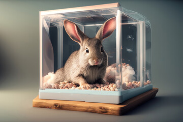 Easterbunny in a glass box, Knolling Style,  Easterbunny in a cage, easter, laboratory animals, generative aI