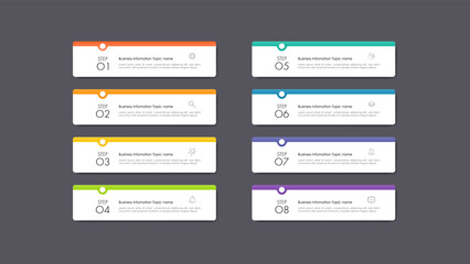 Modern infographics business design with 8 option concepts, parts, steps or processes can be used for workflow layout, diagram, number options, web design. infographic element.