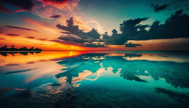 This stunning Image captures the dramatic beauty of a sunset as the sky is mirrored in the clear waters below.  -- Perfect Holyday destination for summer Generative AI.	