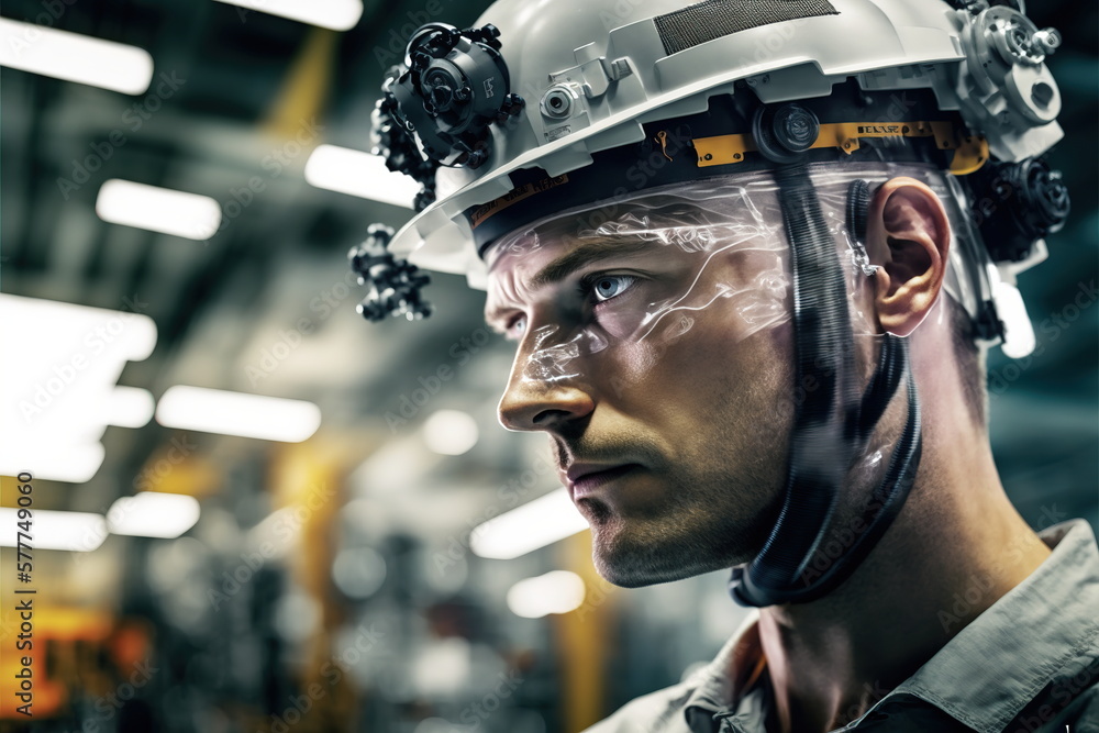 Poster technological engineer portrait ensuring high-quality and precise production quota on factory assemb