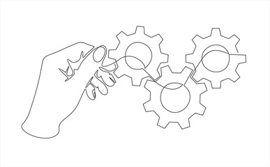 continuous one single line drawing of hand holding gears, tech development, engineering, technology