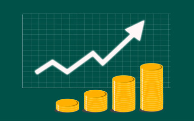 Simple infographic template, with elements : graph, arrow and coins on gradient blue background, finance, economic and investment concept.